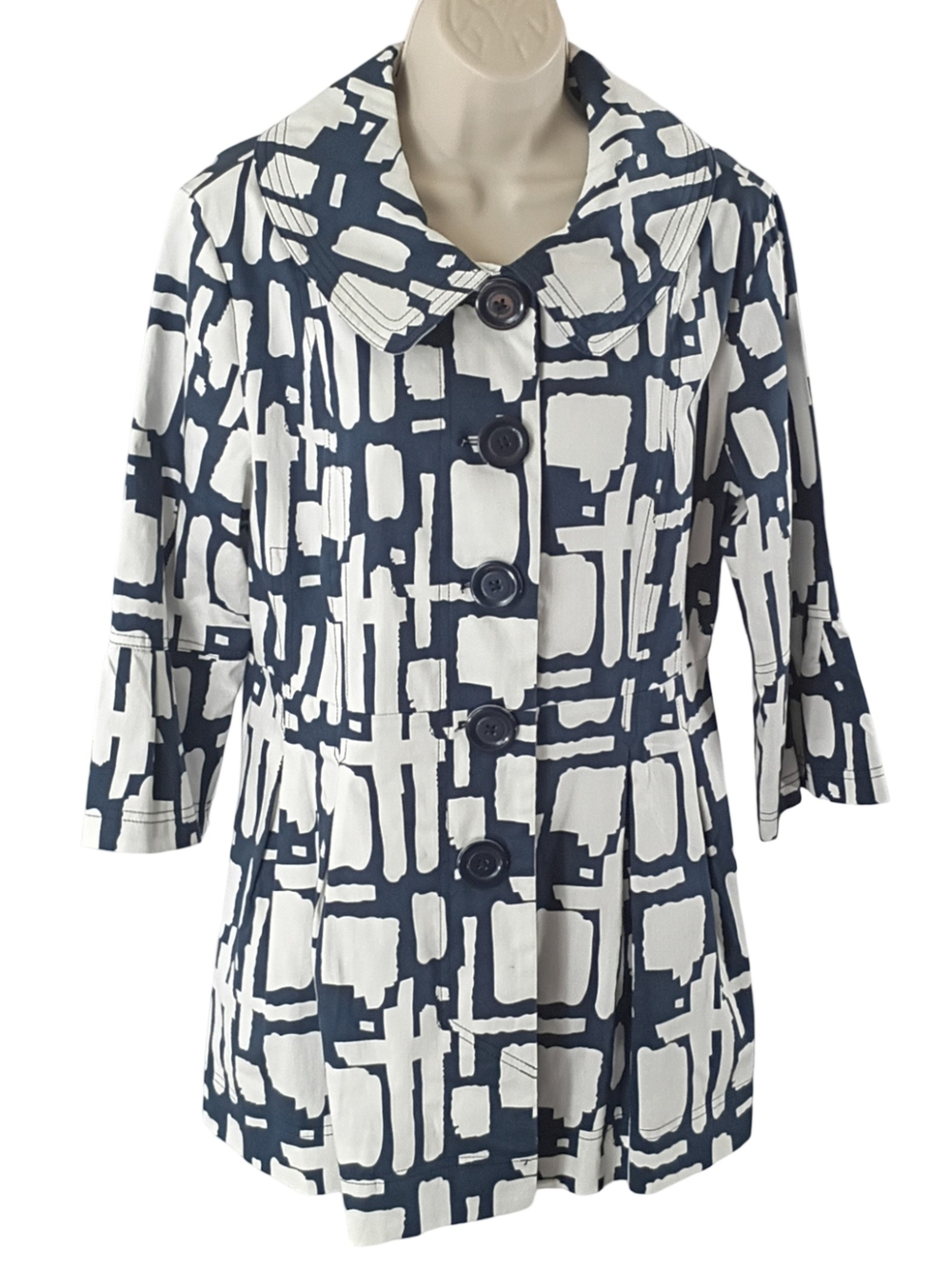 Women's Navy & White Patterned Button-Front Tunic Jacket